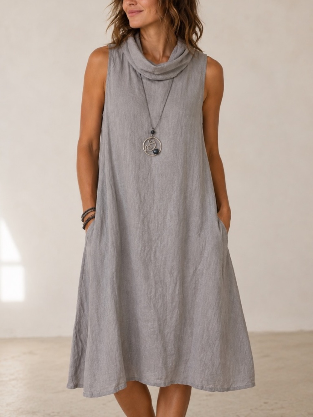 Francesca Bettini Sleeveless Dress Womens Size XL Gray Linen Boho Lagenlook
